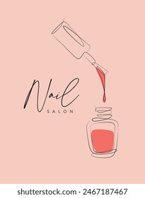 Nail polish pink bottle lettering salon drawing in linear style on peach background