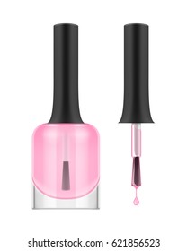 Nail polish in pink color, bottle with black cap, brush with a drop on it, vector realistic illustration, template for ads or beauty magazine, manicure and pedicure concept