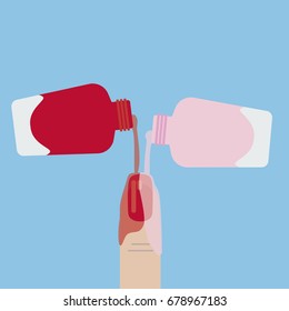 Nail polish is poured onto the finger. Vector flat illustration.