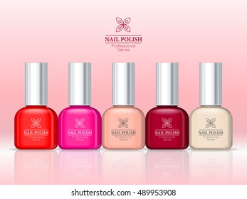 Nail polish professional series. Women accessories nail collection. Bright stylish modern colors. Glamour cosmetics. Manicure and pedicure products. Part of series of decorative cosmetics. Vector