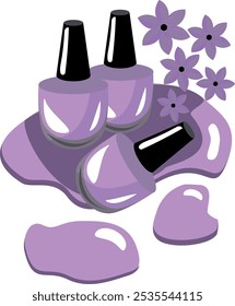 Esmalte de uñas con flores moradas. Obra de arte de Vector para la pared y la camisa. Ilustración de salón de belleza.