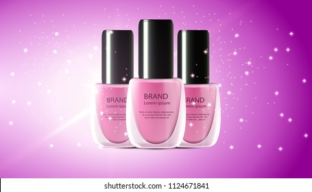 Nail polish realistic 3d makeup cosmetic illustration. Manicure and pedicure mockup color ad product. Background spash paint beauty.Fashion pink lacquer bottle brand varnish poster art. Reflection gel