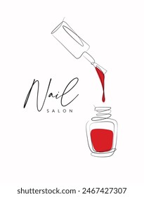 Nail polish red bottle lettering salon drawing in linear style on white background