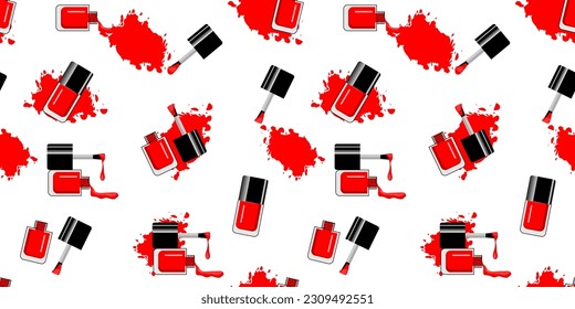 Nail Polaco botellas rojas salpicadas, gotas. La belleza y los cosméticos son un patrón impecable. Uso para volante publicitario, banner, folleto. Vector Templat.