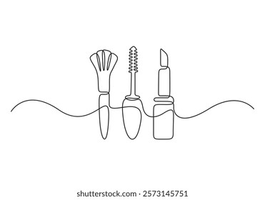 Nail polish, red lipstick and cream tube vector continuous line drawing. Hand drawn linear silhouette icon. Minimal design, make up print, cosmetic banner, card, beauty logo. Vector illustration