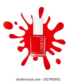 Nail polish red with splash  on a white background. cosmetic product template for advertisement, magazine, product sample. Vector Illustration EPS10
