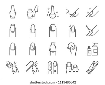Nail polish salon icon set. Included the icons as finger, toe separator, coat, remover pad, glaze, paint, nail art and more