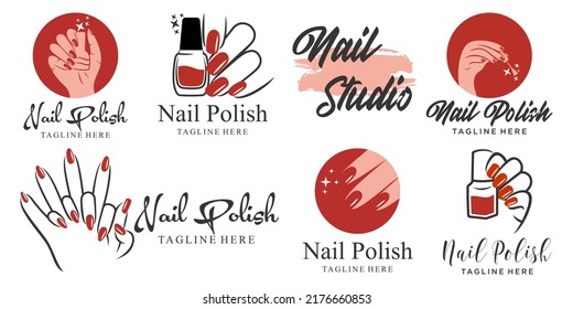 Nail Polish Or Nail Salon Icon Set Logo Design. Manicure, Nail Polish And Female Finger Logotype