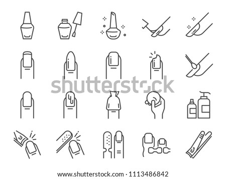 Nail polish salon icon set. Included the icons as finger, toe separator, coat, remover pad, glaze, paint, nail art and more Foto d'archivio © 