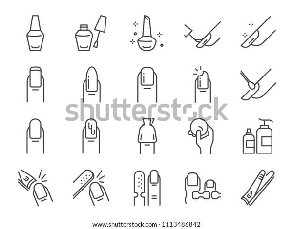 Nail\
polish salon icon set. Included the icons as finger, toe separator,\
coat, remover pad, glaze, paint, nail art and\
more
