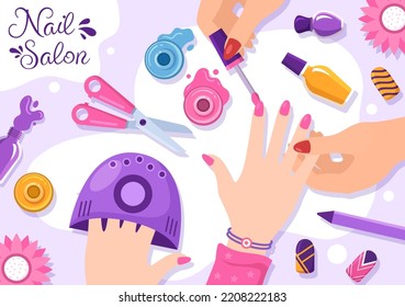 Nail Polish Salon Template Hand Drawn Cartoon Flat Illustration Receiving of Manicure or Pedicure with Tools and Accessories to a Young Girl Concept