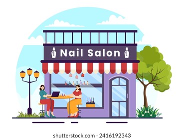 Nail Polish Salon Vector Illustration with Receiving of Manicure or Pedicure with Tools and Accessories to a Young Girl Concept in Flat Background