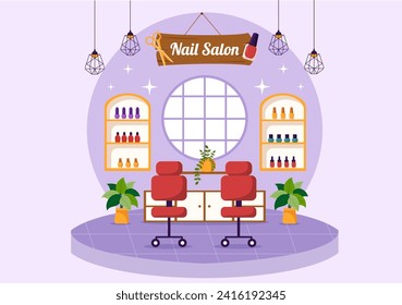 Nail Polish Salon Vector Illustration with Receiving of Manicure or Pedicure with Tools and Accessories to a Young Girl Concept in Flat Background