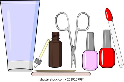 Nail polish, scissors, nail file and manicure cream. Manicure set