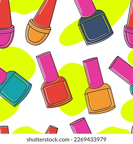 Patrón sin soldadura de polaco de uñas , Doodle de banner de uñas , Botellas de esmalte y barniz dibujadas a mano , patrón de manicura
