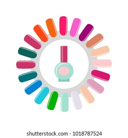 Nail polish and service, poster with collection of plastic objects and bottle made of glass with shellac, vector illustration, isolated on white
