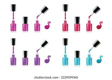 Nail polish set. Blue, pink and purple paint realistic opened and closed bottle, brush and enamel drop on white background for manicure and pedicure in salon. Vector illustration