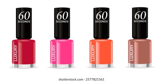 Nail polish. Set of bottles on white background. Vector realistic illustration