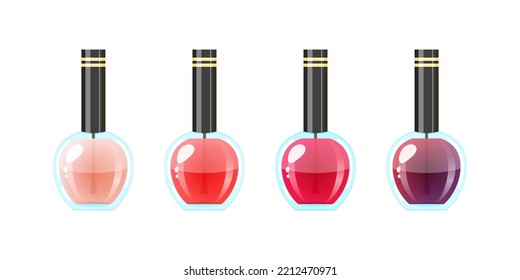 Nail polish set. Cartoon illustration of four bottles with pink and red varnish isolated on a white background. Vector 10 EPS.