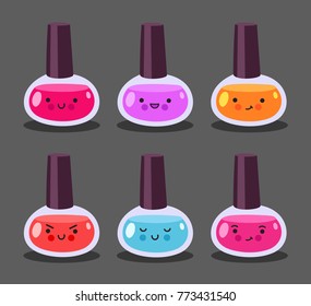 Nail polish. Set of cute cartoon doodle character with different facial expressions.