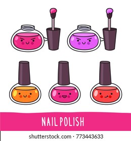 Nail polish. Set of cute cartoon doodle character with different facial expressions. Vector illustration.