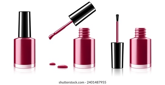 Nail polish set, opened and closed bottle with lid. burgundy varnish for manicure and pedicure, brush and enamel drop isolated on white background. Realistic 3d vector illustration