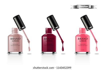 Nail polish set Vector realistic packaging. label design mock up. Opened bottle detailed colors. 3d illustrations