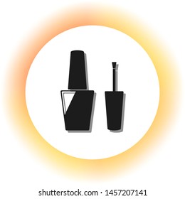 Nail polish sign. Dark icon with shadow on the glowing circle button. Illustration.