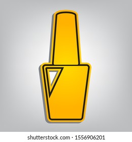 Nail polish sign. Flat orange icon with overlapping linear black icon with gray shadow at whitish background. Illustration.