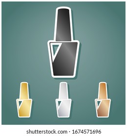 Nail polish sign. Set of metallic Icons with gray, gold, silver and bronze gradient with white contour and shadow at viridan background. Illustration.