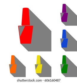 Nail polish sign. Set of red, orange, yellow, green, blue and violet icons at white background with flat shadow.
