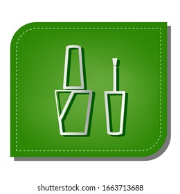 Nail polish sign. Silver gradient line icon with dark green shadow at ecological patched green leaf. Illustration.