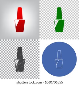 Nail polish sign. Vector. 4 styles. Red gradient in radial lighted background, green flat and gray scribble icons on transparent and linear one in blue circle.