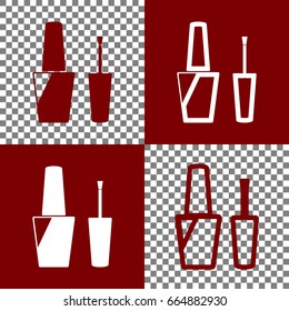 Nail polish sign. Vector. Bordo and white icons and line icons on chess board with transparent background.