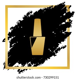 Nail polish sign. Vector. Golden icon at black spot inside golden frame on white background.