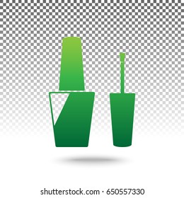Nail polish sign. Vector. Green gradient icon with shadow at bottom on transparent and white background.