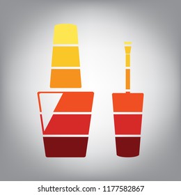 Nail polish sign. Vector. Horizontally sliced icon with colors from sunny gradient in gray background.