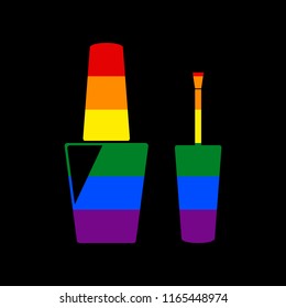 Nail polish sign. Vector. Icon with colors of LGBT flag at black background.