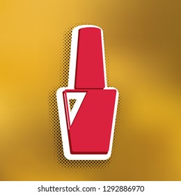 Nail polish sign. Vector. Magenta icon with darker shadow, white sticker and black popart shadow on golden background.