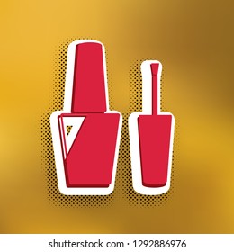 Nail polish sign. Vector. Magenta icon with darker shadow, white sticker and black popart shadow on golden background.