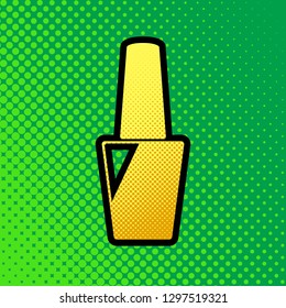 Nail polish sign. Vector. Pop art orange to yellow dots-gradient icon with black contour at greenish background.