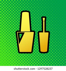 Nail polish sign. Vector. Pop art orange to yellow dots-gradient icon with black contour at greenish background.