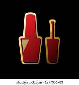 Nail polish sign. Vector. Red icon with small black and limitless shadows at golden sticker on black background.