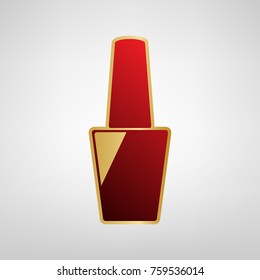 Nail polish sign. Vector. Red icon on gold sticker at light gray background.