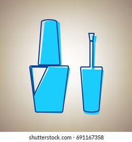 Nail polish sign. Vector. Sky blue icon with defected blue contour on beige background.