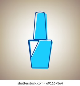 Nail polish sign. Vector. Sky blue icon with defected blue contour on beige background.