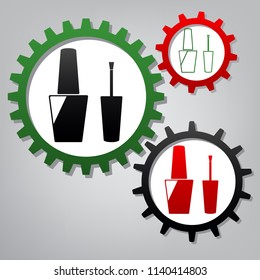 Nail polish sign. Vector. Three connected gears with icons at grayish background.