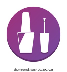 Nail polish sign. Vector. White icon with flat shadow on purpureus circle at white background. Isolated.
