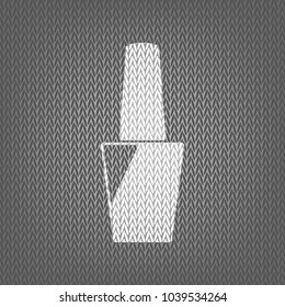 Nail polish sign. Vector. White knitted icon on gray knitted background. Isolated.