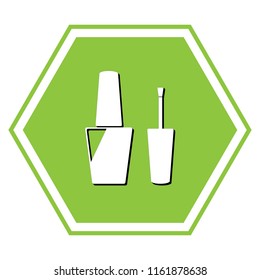 Nail polish sign. Vector. White icon with black shadow at yellow green honeycomb on white background.